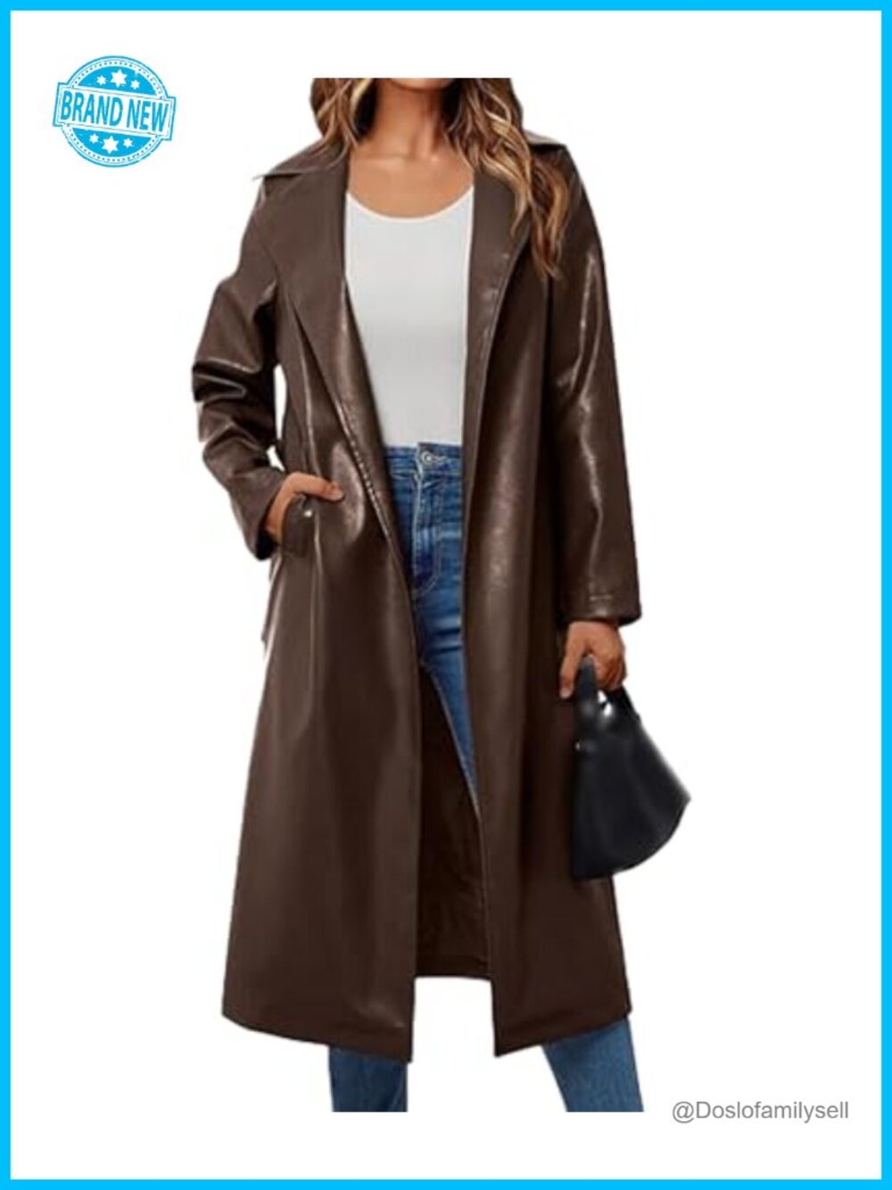 Faux Leather Trench Coat Belted Maxi Jacket Notched Lapel
